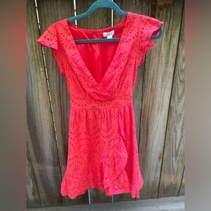 Japna Watermelon Eyelet Lace Faux Wrap Dress- size small